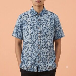 Fabindia‎ Bush Shirt Mens 38 Blue White Swirl Print Cotton Short Sleeve Batik